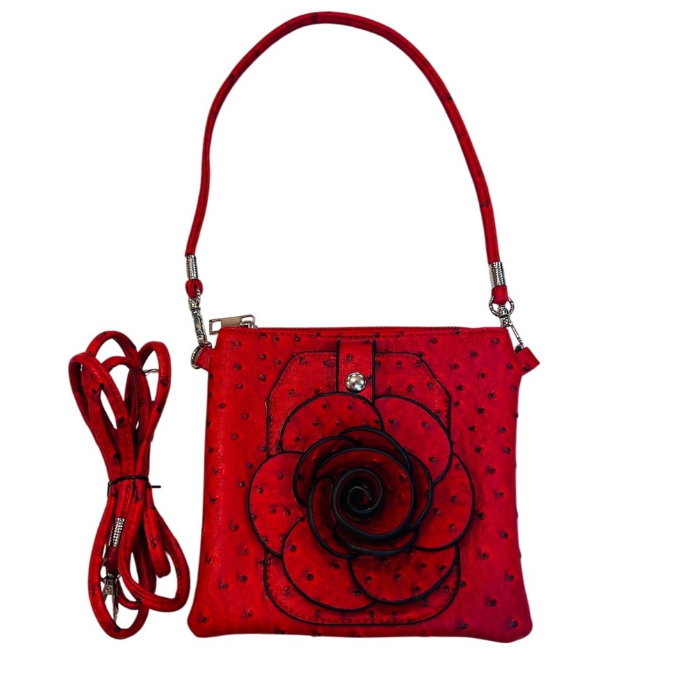 Red Ostrich Embossed 3D Rose Floral Crossbody Shoulder Bag Vegan Leather